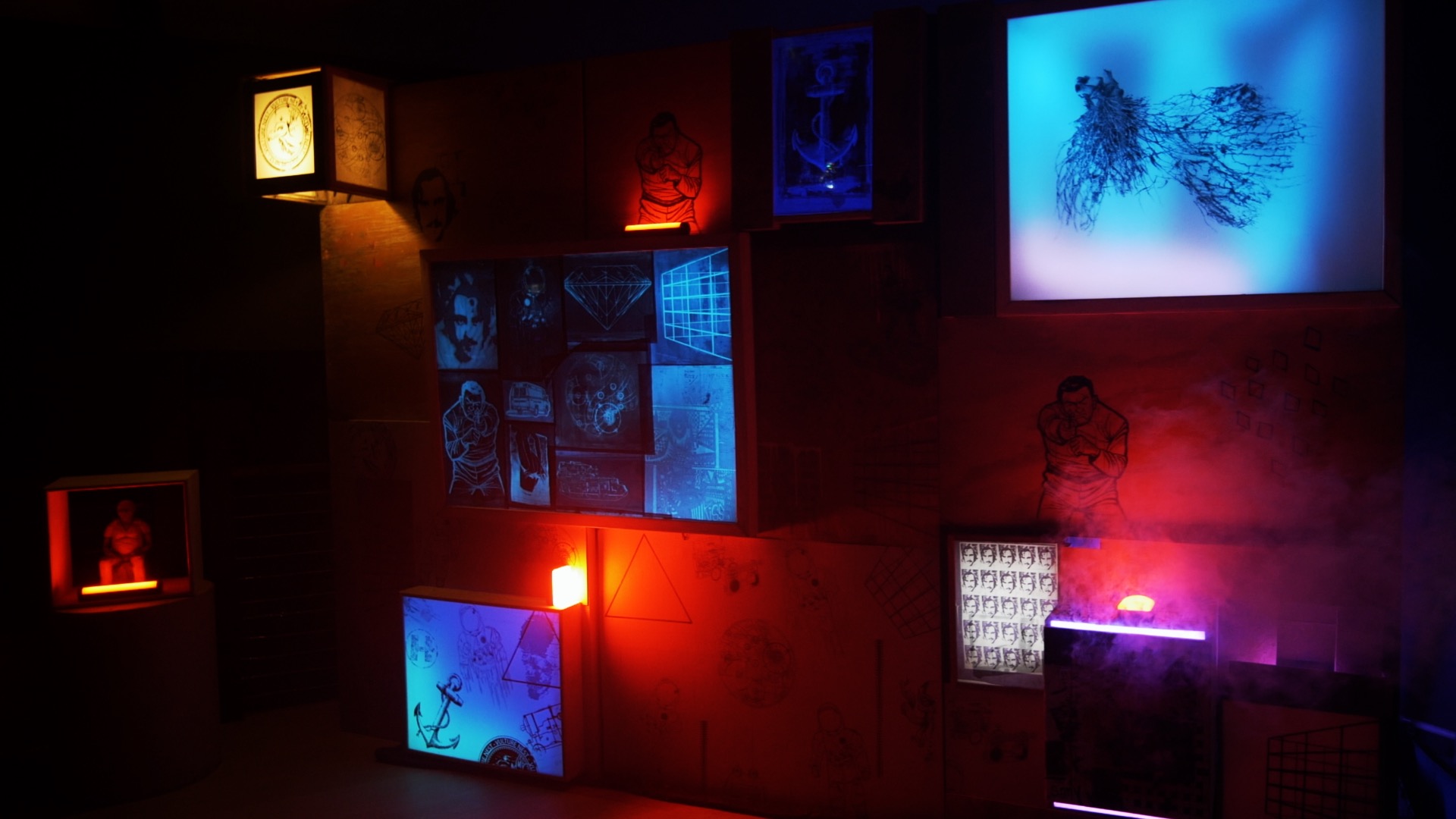 "Wall to Self" custom illuminated lightbox wall by Nicebox, installed in a dark Brisbane club venue with atmospheric smoke and stage haze.