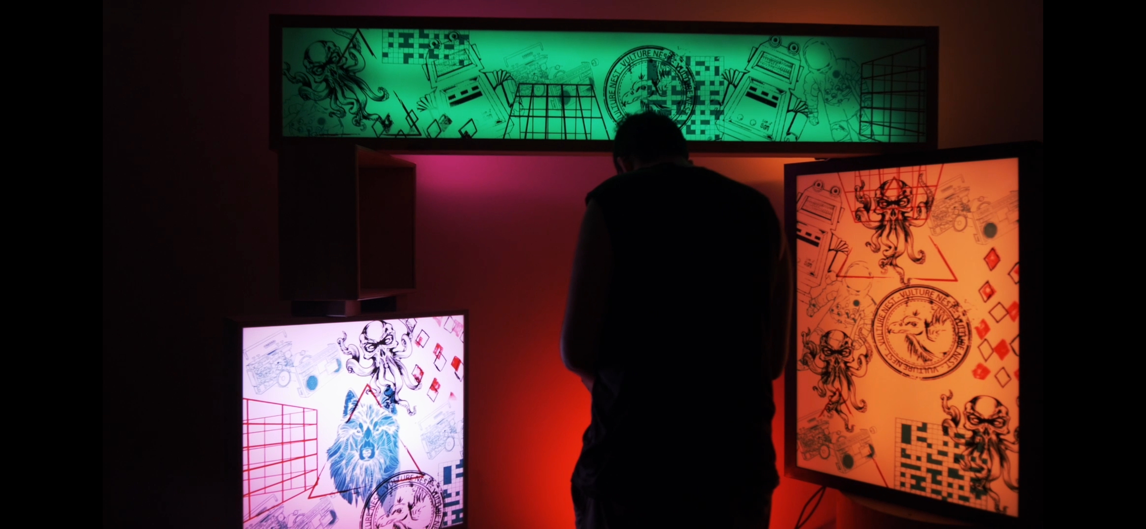 Sam Butel, Brisbane-based artist and founder of Nicebox, photographed in the Vultures Nest studio where he designs and builds custom illuminated lightbox installations.